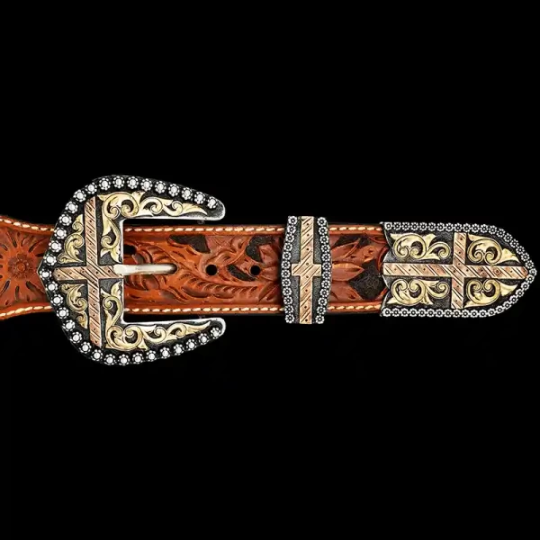 Show off your vaquero style with our Ruidoso Three Piece Belt Buckle Set. Featuring our signature berry edge with golden Jeweler's Bronze Scrollwork and copper engraved crosses. Order it now!